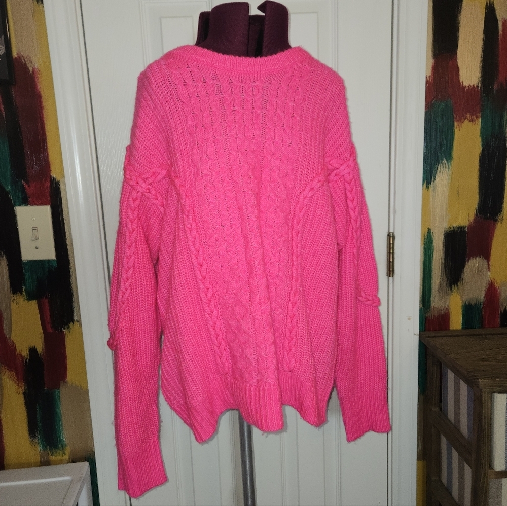 Crown & Ivy Bright Pink Chunky Oversized Knit Sweater Size Large